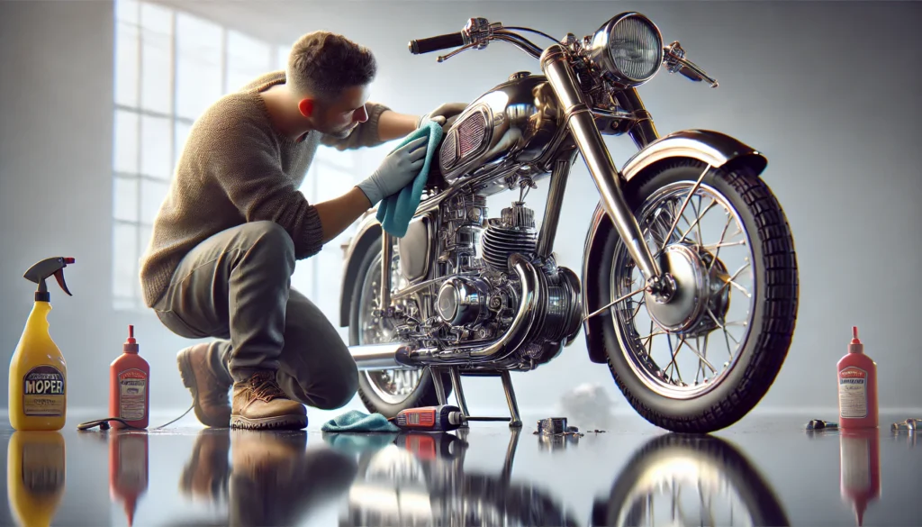 en person som varsamt putsar en glänsande vintage moped med precision och noggrannhet