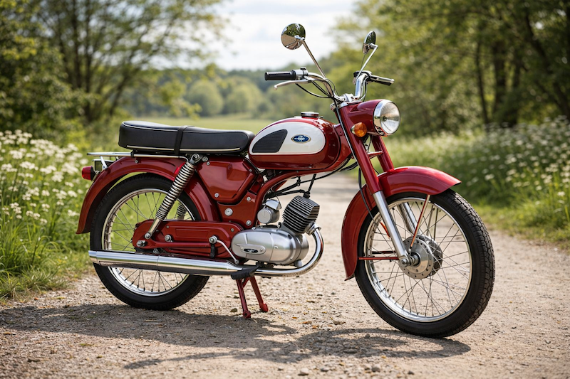Klassisk veteranmoped i originalskick – röd moped från 1960-talet med kromade detaljer och patina, parkerad framför en trävägg i landsbygdsmiljö.